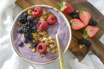 Berry smoothie bowl topped with granola and fresh berries