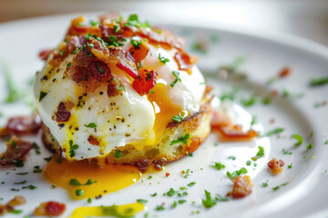 Poached eggs with crispy bacon on toasted English muffin close up