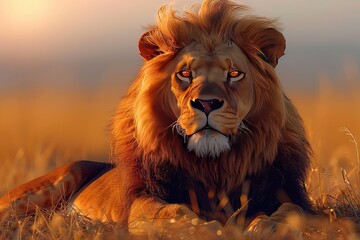 Obraz premium Lion resting in savannah at sunset. Amidst the hushed serenade of the savannah, the lion finds solace, embracing the stillness of the evening.