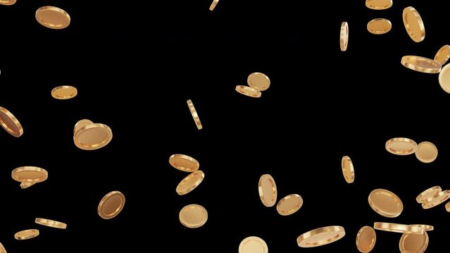 Falling golden coins on transparent background. 3D rendered video loop.