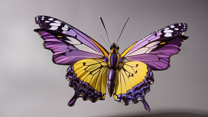 A purple and yellow butterfly with intricate patterns on its wings is shown from the top with a...