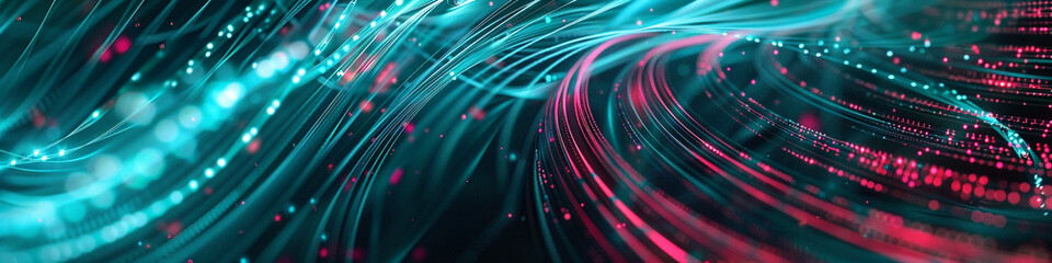 Digital threads in aquamarine and ruby, weaving through a virtual space to depict high-speed data flow.