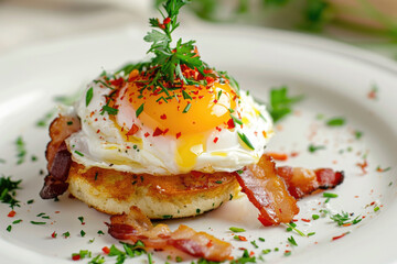 Poached eggs with crispy bacon on toasted English muffin close up