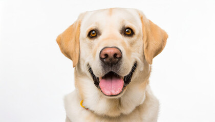Portrait of a blond labrador retriever dog looking at the camera with a big smile isolated on a white background