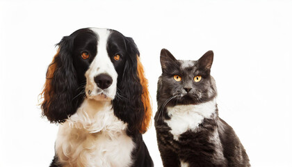 Portrait of a dog Spaniel and cat Scottish Straight isolated white background.