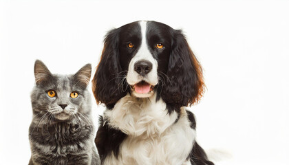 Portrait of a dog Spaniel and cat Scottish Straight isolated white background.