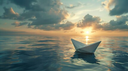 A serene ocean view with a tiny paper boat sailing alone in the vast expanse.