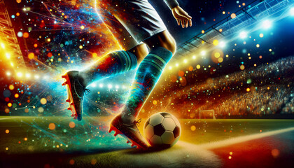 Beine eines Fußballspielers am Ball im beleuchteten Stadion, copy space