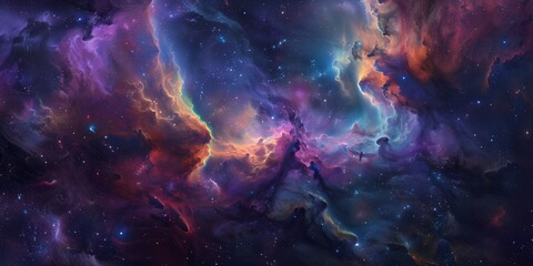 Nebulae in the universe of different colors, and many stars, landscape