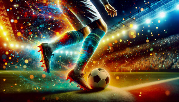 Beine eines Fu&szlig;ballspielers am Ball im beleuchteten Stadion, copy space