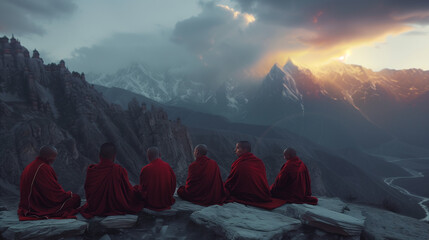 monks sitting and watching a landscape in the mountains