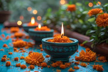Elegant Diwali home decoration with rangoli, lamps, and floral accents. AI generated.