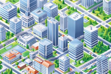 isometric 3d city map with buildings streets and landmarks modern urban planning concept digital illustration