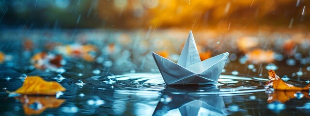 A simple paper boat floating in a rain puddle.