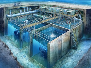 A drawing of a water treatment plant with a lot of pipes and tanks. Scene is somewhat ominous, as the viewer is looking down into the depths of the plant