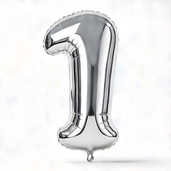 Silver balloon shape for number 1 on white background, number one in silver balloon shape