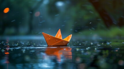 A simple paper boat floating in a rain puddle.