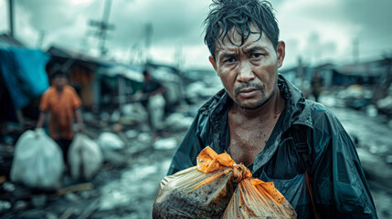 Fototapeta premium A man is holding a bag and looking at the camera