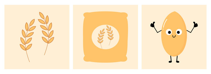 Ears of wheat or rice, Rice sack and rice cartoon icon sign vector.