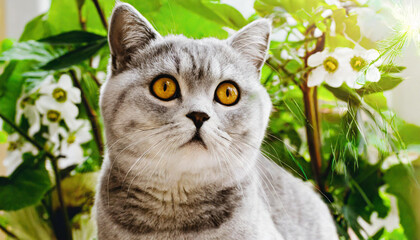Portrait of a pretty silver tabby british shorthair cat looking at the camera isolated on a white background