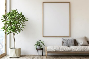living room wall poster frame mockup modern interior design iso a paper size 3d render