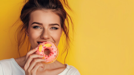 ドーナツを食べる女性の口元 黄色背景
