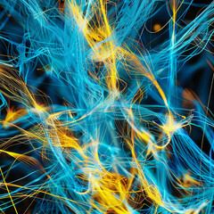 High-tech communication visualized as a network of electric blue and sunflower yellow threads in a dynamic display.
