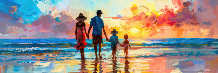 family walking on the beach, in style of a painting