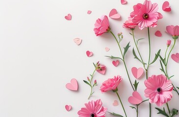 "Mother's Day Mockup" text with paper cut flowers and hearts on a white background. A cute graphic design, suitable for Mother’s day theme decoration or branding of products