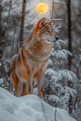 Fototapeta premium Grand Wolf in Icy Forest Setting Under a Radiant Full Moon