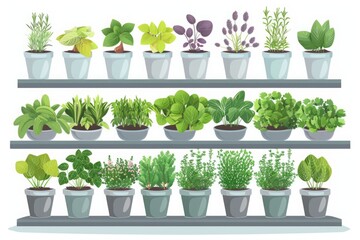 Assorted potted herbs on shelves. Digital illustration. Indoor gardening and herbal cooking concept. Design for kitchen decor, educational materials, and plant care guides