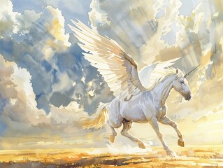 Charming watercolor of a Pegasus unicorn, hand drawn, detailed against a clear sky, serene atmosphere closeup view
