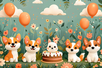 Naklejka premium Happy birthday dog. Happy birthday dog party. Birthday balloons and cake.