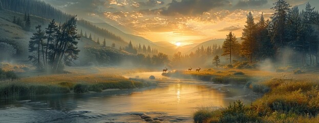 Dawn Breaks Over a Peaceful River Valley with Deer Grazing