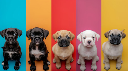 Portrait collection of adorable puppies , different colorblock backgrounds