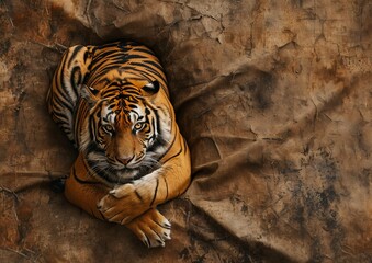 Tiger lying on brown background, top view photography, copy space for text