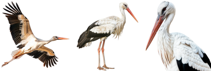 White stork collection, flying, portrait and standing, isolated on a transparent background