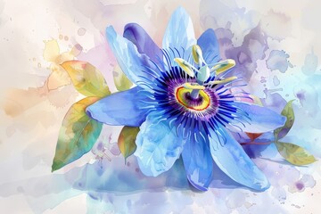 With intricate detail, the Passionflower blooms on the canvas in watercolor, its exotic beauty captured in shades of purple, blue, and green, its tendrils twisting and turning like a botanical dance.