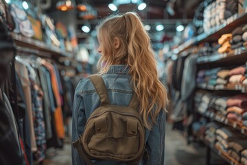Obraz premium A female consumer with a backpack considering her options while shopping for clothes in a well-stocked clothing store