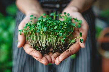  Hands cradling a cluster of young microgreens with visible soil. Close-up lifestyle photography emphasizing sustainable living and personal gardening. Urban farming and wellness concept. Generative A