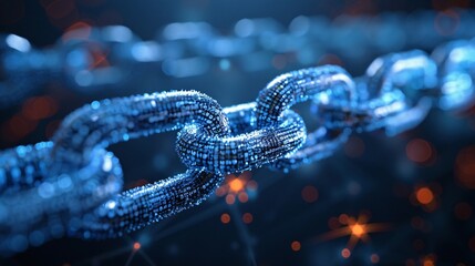 Digital chains linking in a network against a blue background, symbolizing interconnectedness and technology