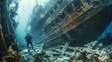 A diver investigates the remains of a submerged ship enveloped by marine life
