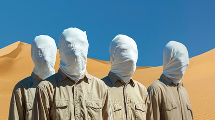 Four individuals stand side by side, wrapped in headscarves, with a backdrop of sand dunes and...