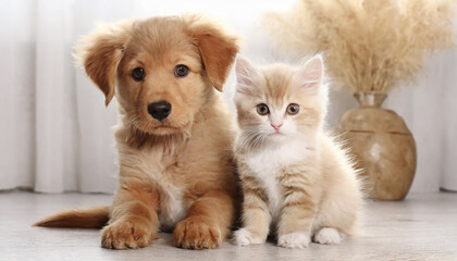 Friendship of puppy and kitten - golden retriever puppy and kitten cuddling
