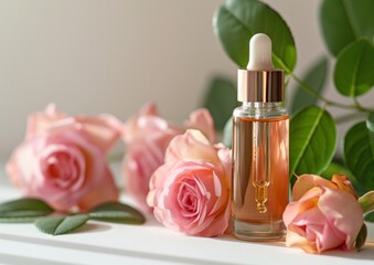 Rose cosmetic oil in a glass bottle with pipette dropper, decorated with fresh natural rose flowers on the background and leaves, light background, copy space for text, mock up product