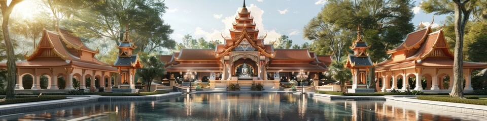 Magnificent Ornate Buddhist Temple with Intricate Pavilions Reflected in Tranquil Pond