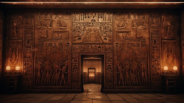 illustration of egyptian wall with hieroglyphs inside the pharaoh's tomb.