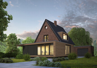 Modernisiertes Haus mit modernem Anbau am Abend
