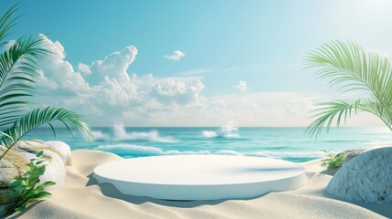 Fototapeta premium A white podium on the beach with waves crashing, under a cloudy blue sky