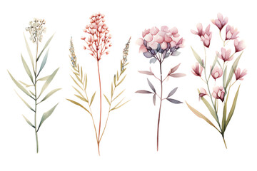 Four different types of flowers, pink, white, purple and yellow.